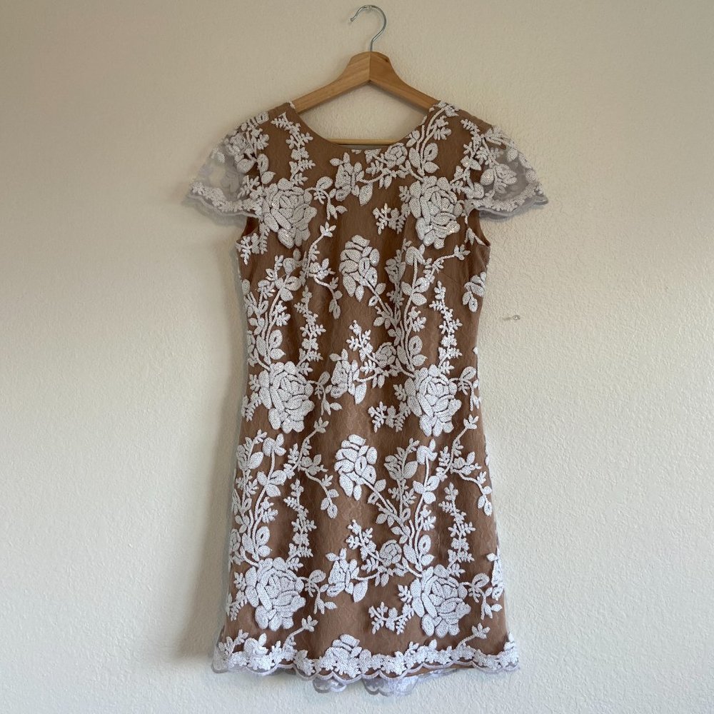 Dress The Population Womens Tan Floral Lace Sequin Audrey Mini Dress Size Medium